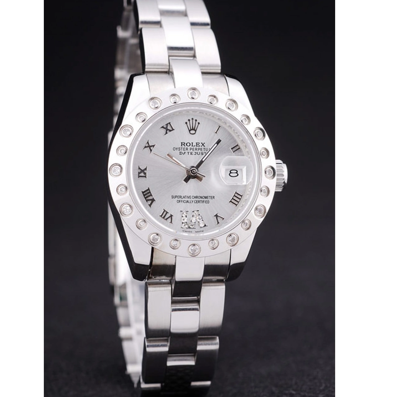 Aaa replica watch 7474 Dial Datejust Silver Bezel Diamonds Silver Polished Rolex 0620
